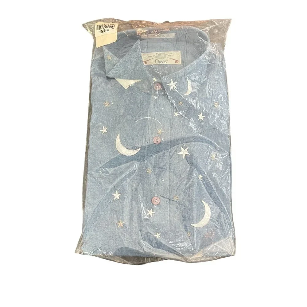 Vtg Orvis Women's Star Moon Embroidered Button Up Shirt, Size S - Picture 1 of 4